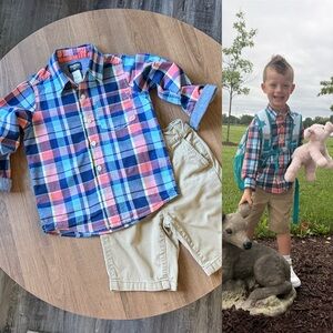 🐻 2/$25 • Cute Outfit • Blue & Pink Plaid Button-Up Shirt & Khaki Shorts